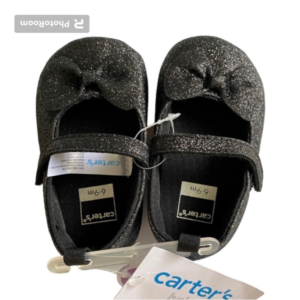 CARTER’S INFANT SHOES BLACK GLITTER BOW 6-9 MONTHS NEW NWT